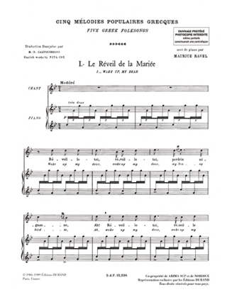 5 Mélodies Populaires Grecques. Voix Moyenne - RAVEL - Partition